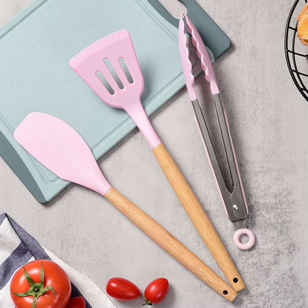 12Pcs/Set Silicone Kitchen Utensils with Holder Wooden Handle Non Stick Pot Kitchenware Kit Heat Resistant Cookware Tools