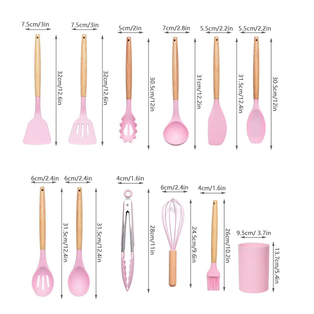 12Pcs/Set Silicone Kitchen Utensils with Holder Wooden Handle Non Stick Pot Kitchenware Kit Heat Resistant Cookware Tools practicos cocina